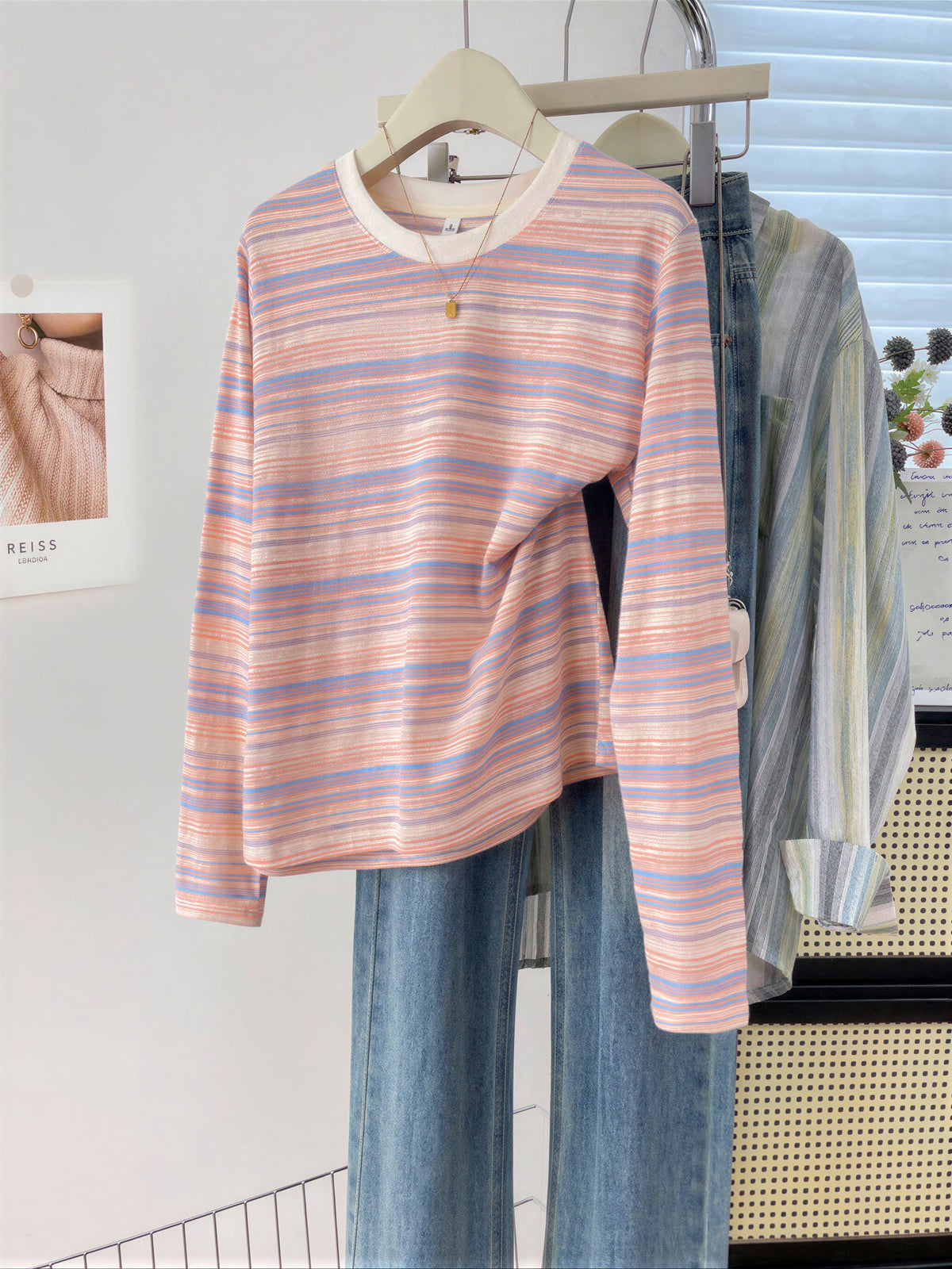 「秋季新品 」S-XL 淺粉色細條紋圓領長袖T恤