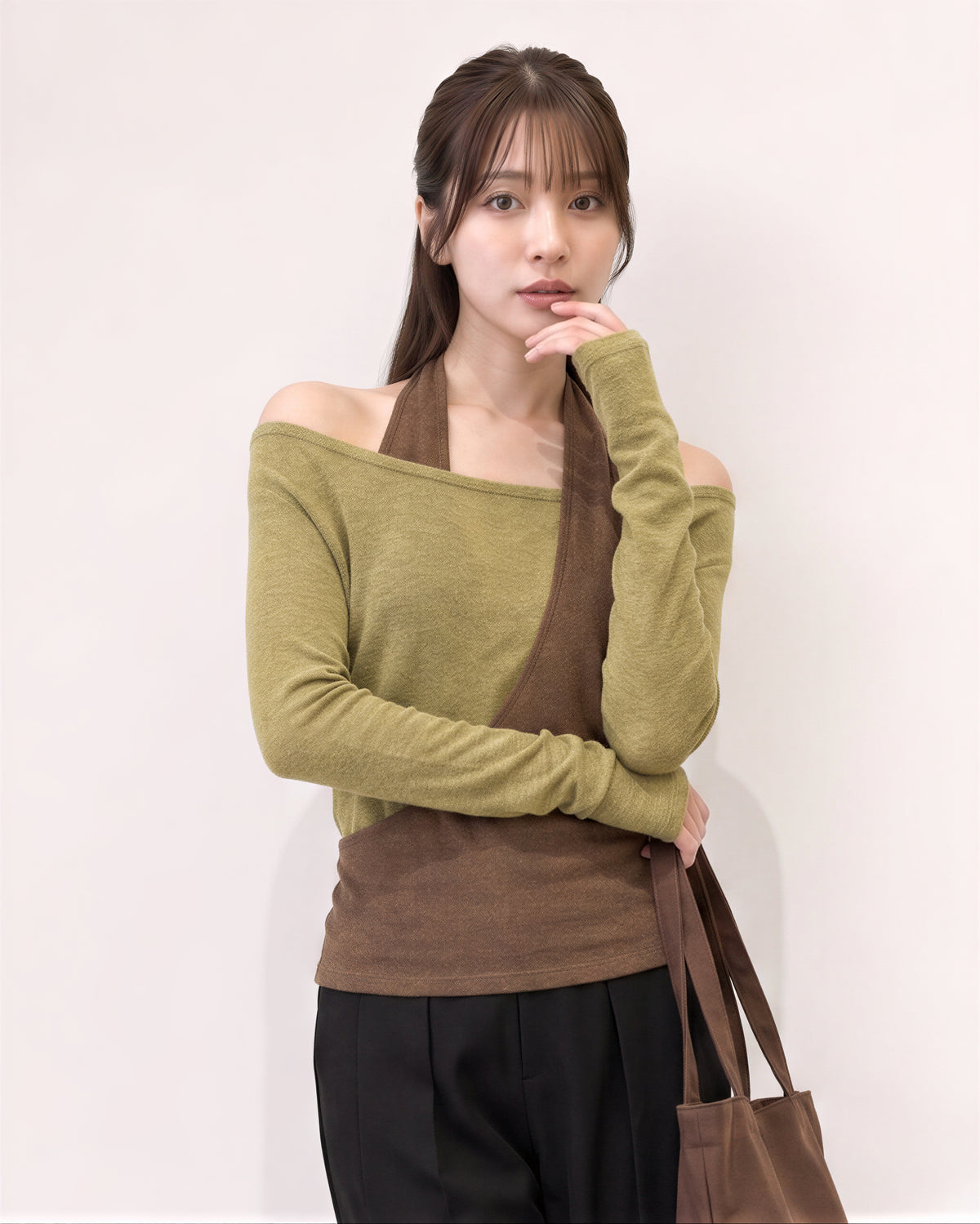 S-XL 斜裁掛脖露肩假兩件T恤