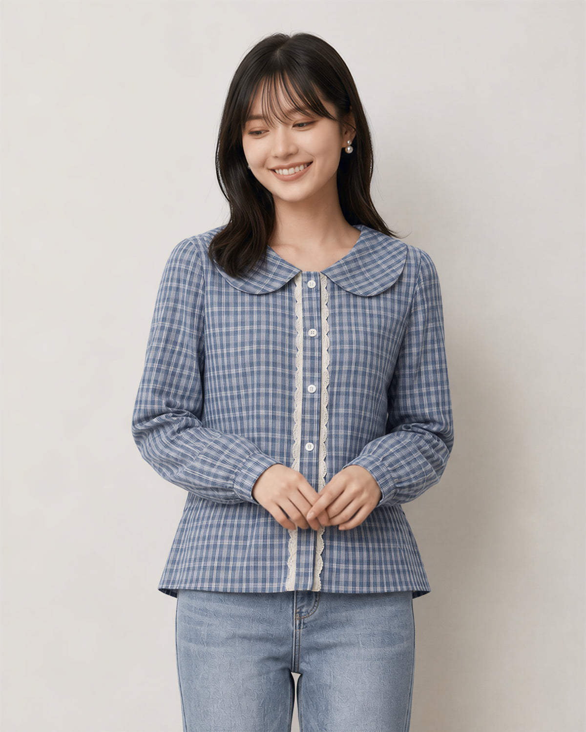 S-XL 淺藍色格紋 | 娃娃領收腰襯衫