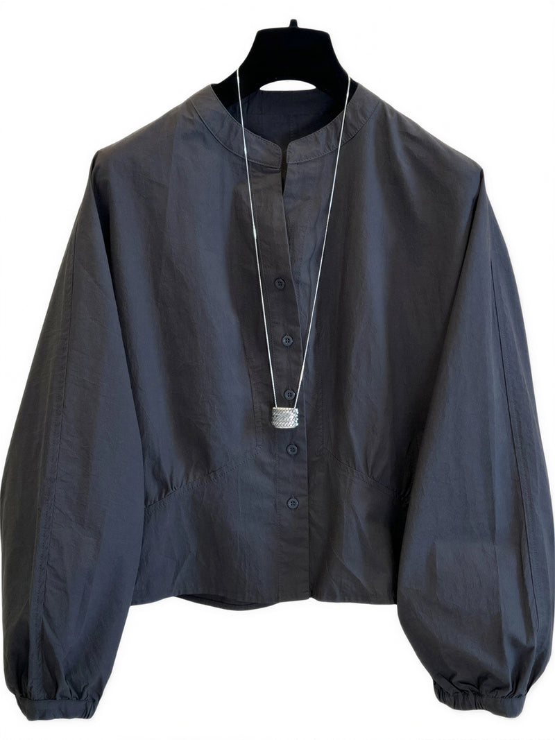 S-XL 灰色立領收腰燈籠袖襯衫