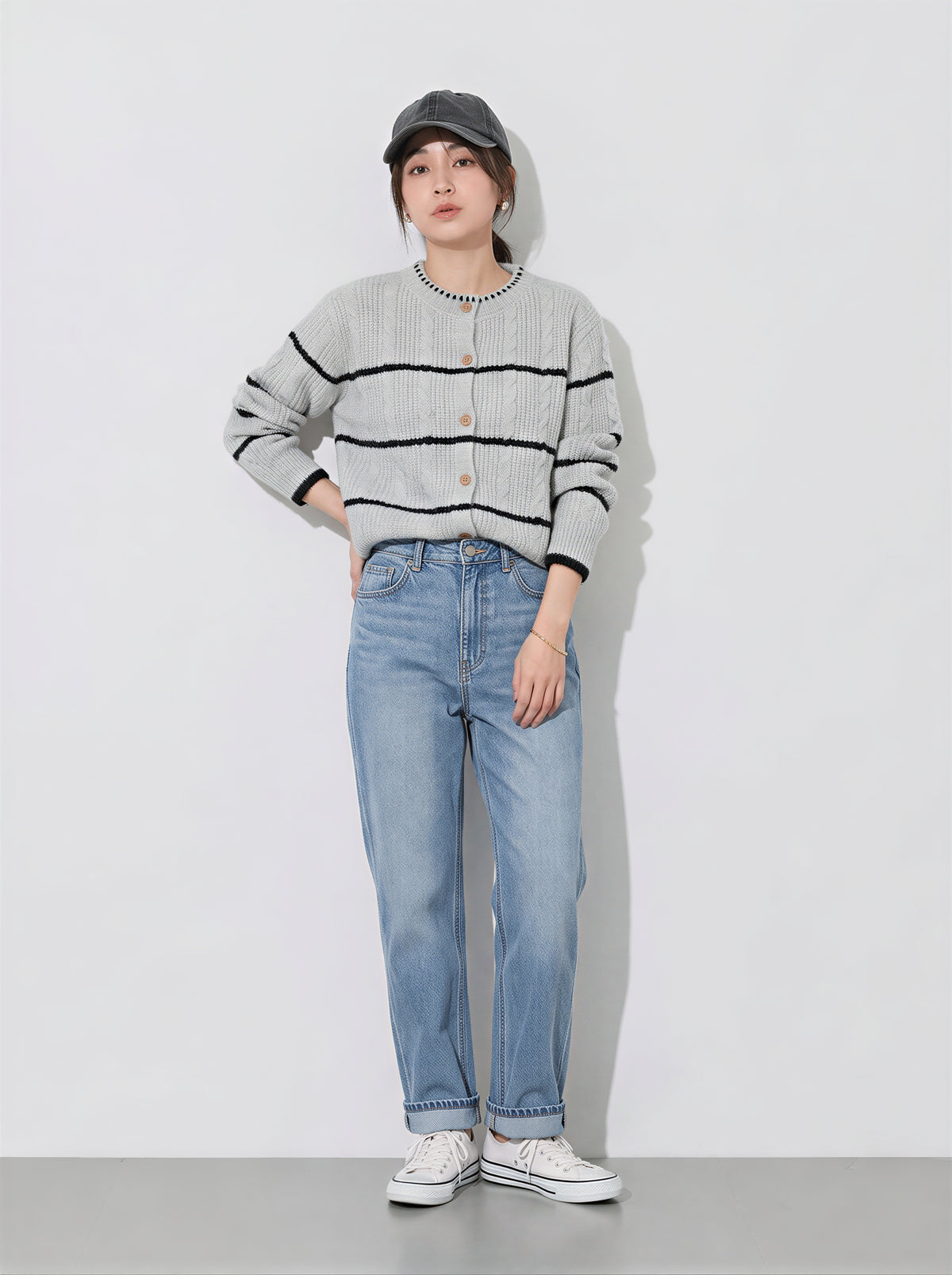 S~XL 灰色圓領條紋針織開襟衫