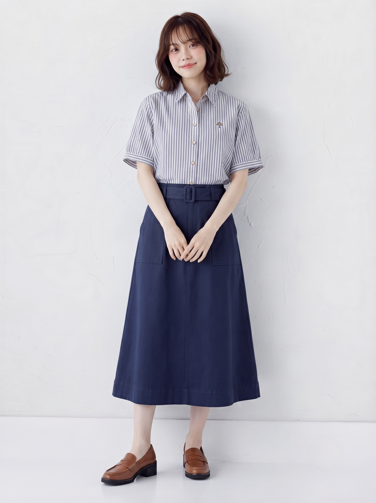 純棉甄選 藍條紋襯衫女五分袖 | 細條紋寬鬆翻領襯衫
