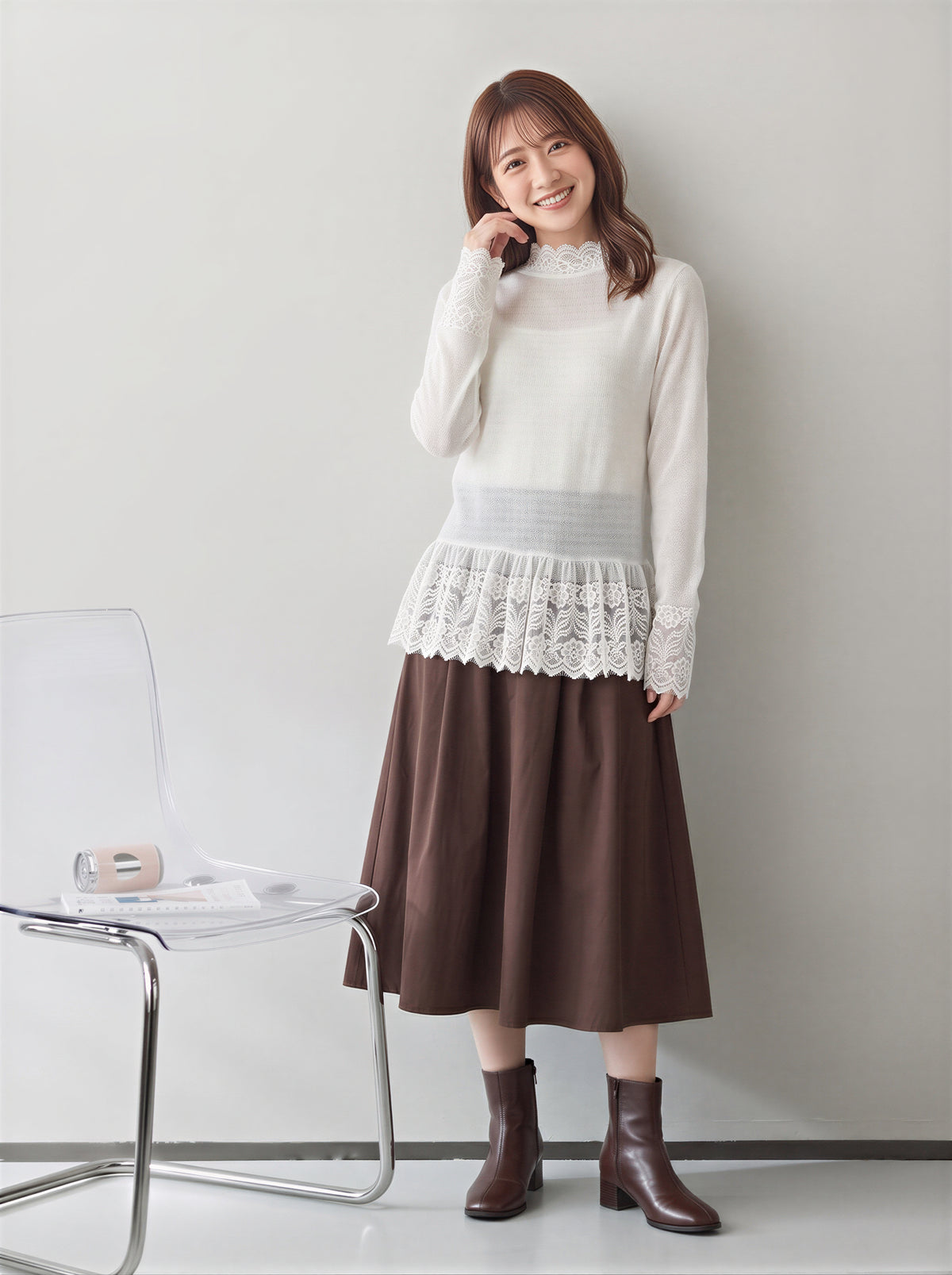 「秋季新品 」 S-XL 白色蕾絲拼接 | 木耳邊疊穿內搭長袖上衣