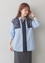 「秋季新品 」L~4XL 拼接條紋印花襯衫
