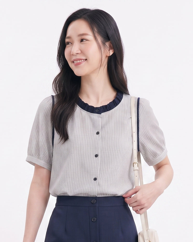 撞色滾邊木耳領短袖襯衫