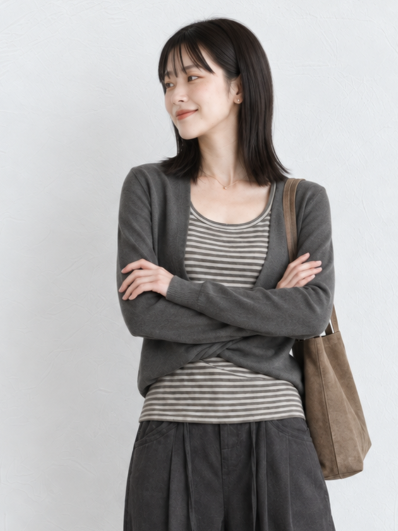 「秋季新品 」交疊扭結條紋假兩件針織上衣