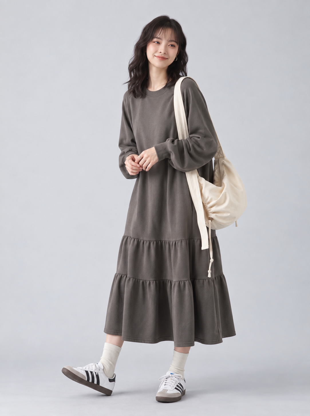 「秋季新品 」「3色」M-L 寬鬆落肩荷葉擺衛衣洋裝