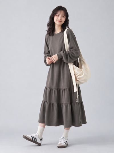 「秋季新品 」「3色」M-L 寬鬆落肩荷葉擺衛衣洋裝