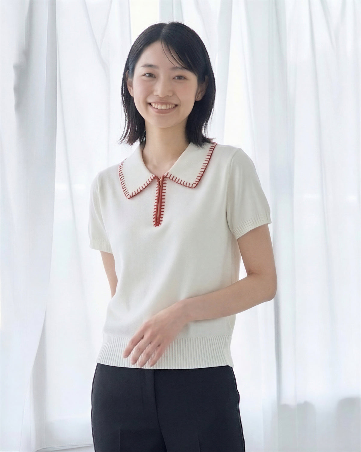 撞色繡邊翻領半開襟針織短袖