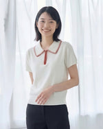 撞色繡邊翻領半開襟針織短袖