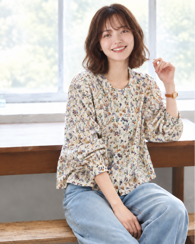 「兩色」「秋季新品 」M-2XL 全棉甄選 柔軟舒適碎花圓領長袖襯衫