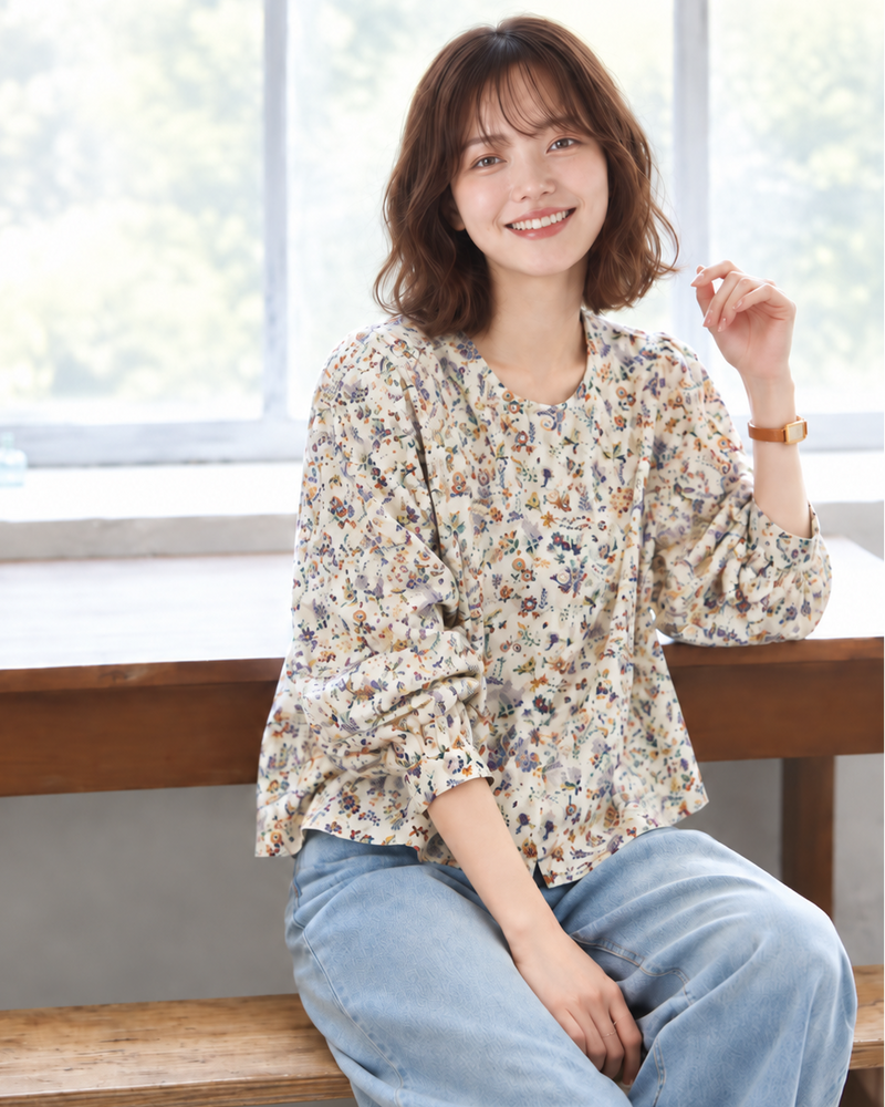 「兩色」「秋季新品 」M-2XL 全棉甄選 柔軟舒適碎花圓領長袖襯衫