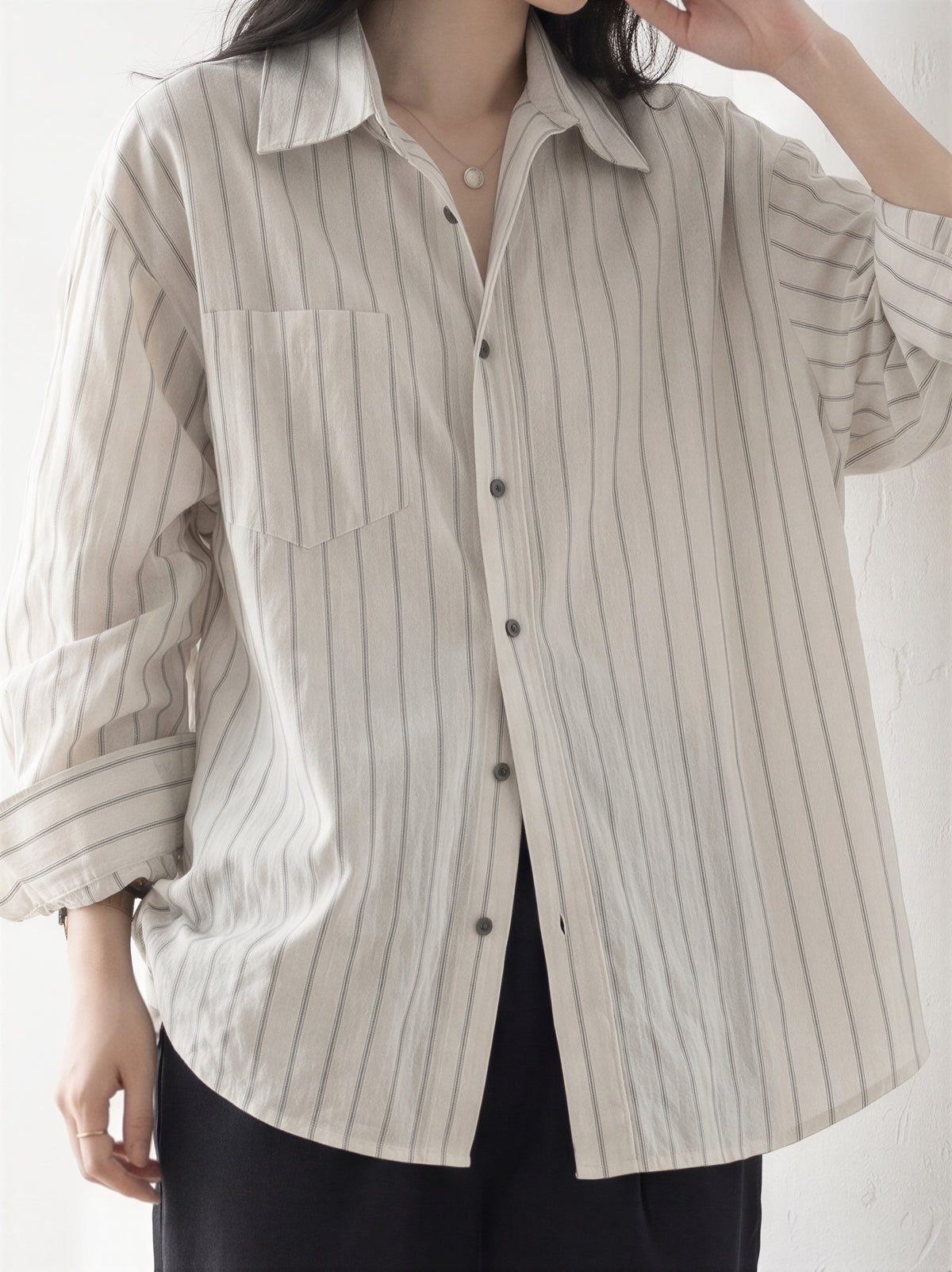 「兩色」「秋季新品 」S-XL 寬鬆條紋拼接口袋襯衫