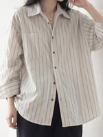 「兩色」「秋季新品 」S-XL 寬鬆條紋拼接口袋襯衫
