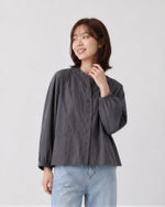 S-XL 灰色立領收腰燈籠袖襯衫