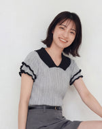 撞色V領木耳邊短袖針織上衣