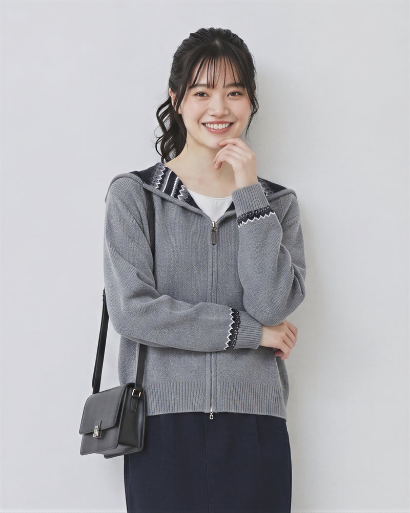 「秋季新品 」S-2XL 連帽提花雙拉鍊開襟毛衣