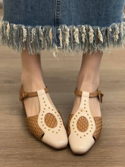 編織鏤空拼接 金屬鉚釘 方頭低跟瑪莉珍涼鞋