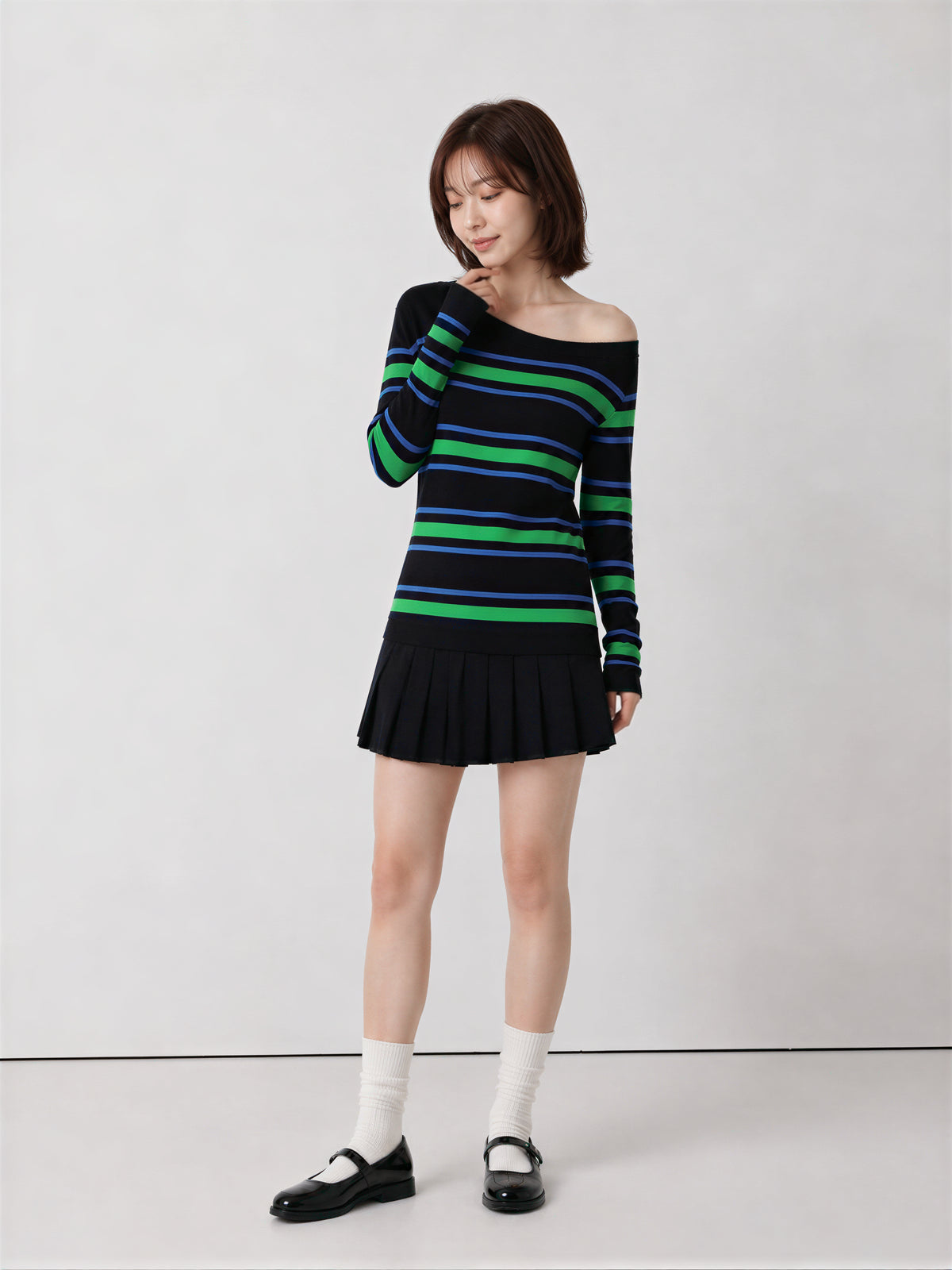 S-XL 露肩條紋修身長袖T恤