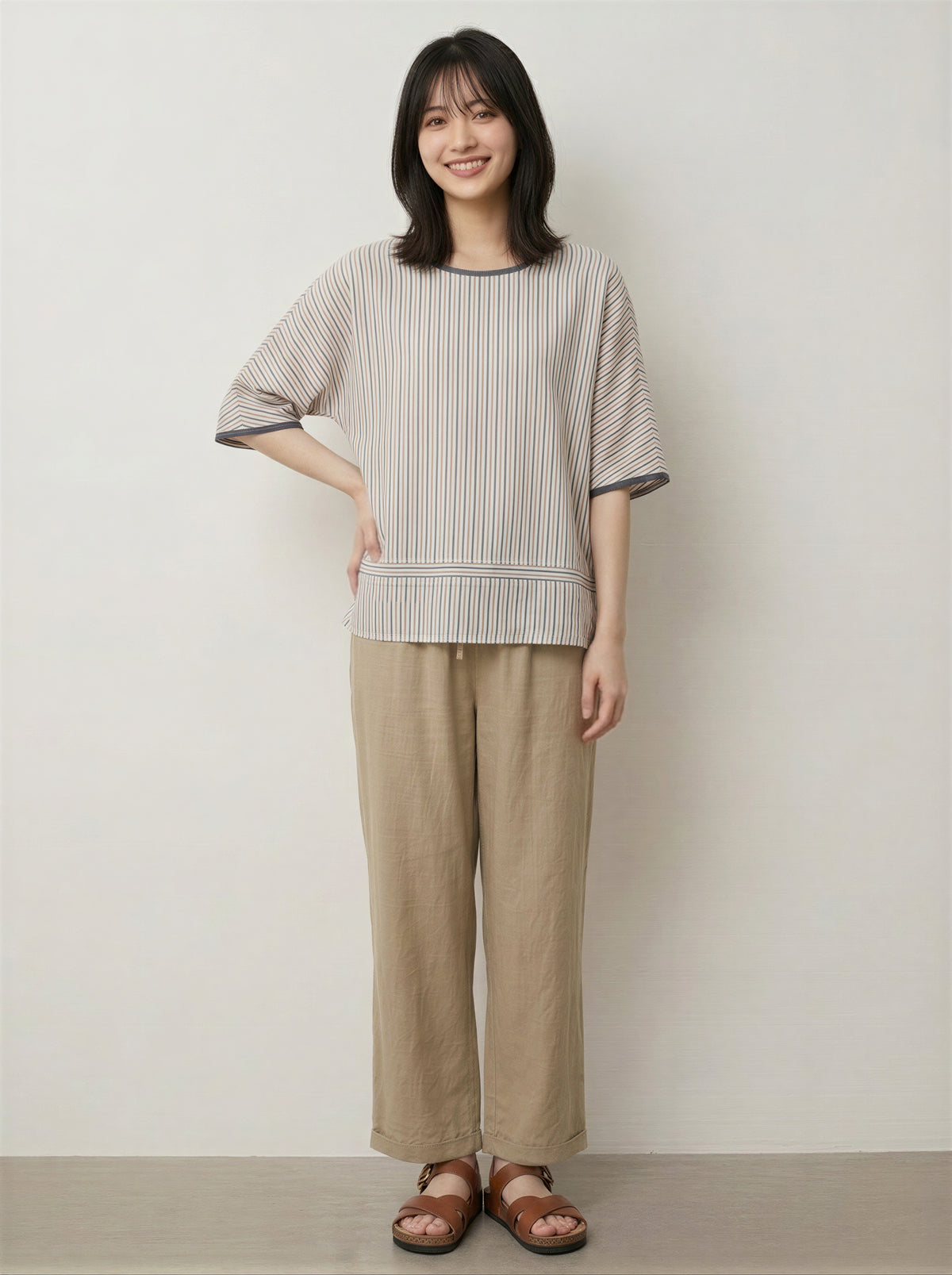 M-2XL 細條紋寬鬆圓領T恤