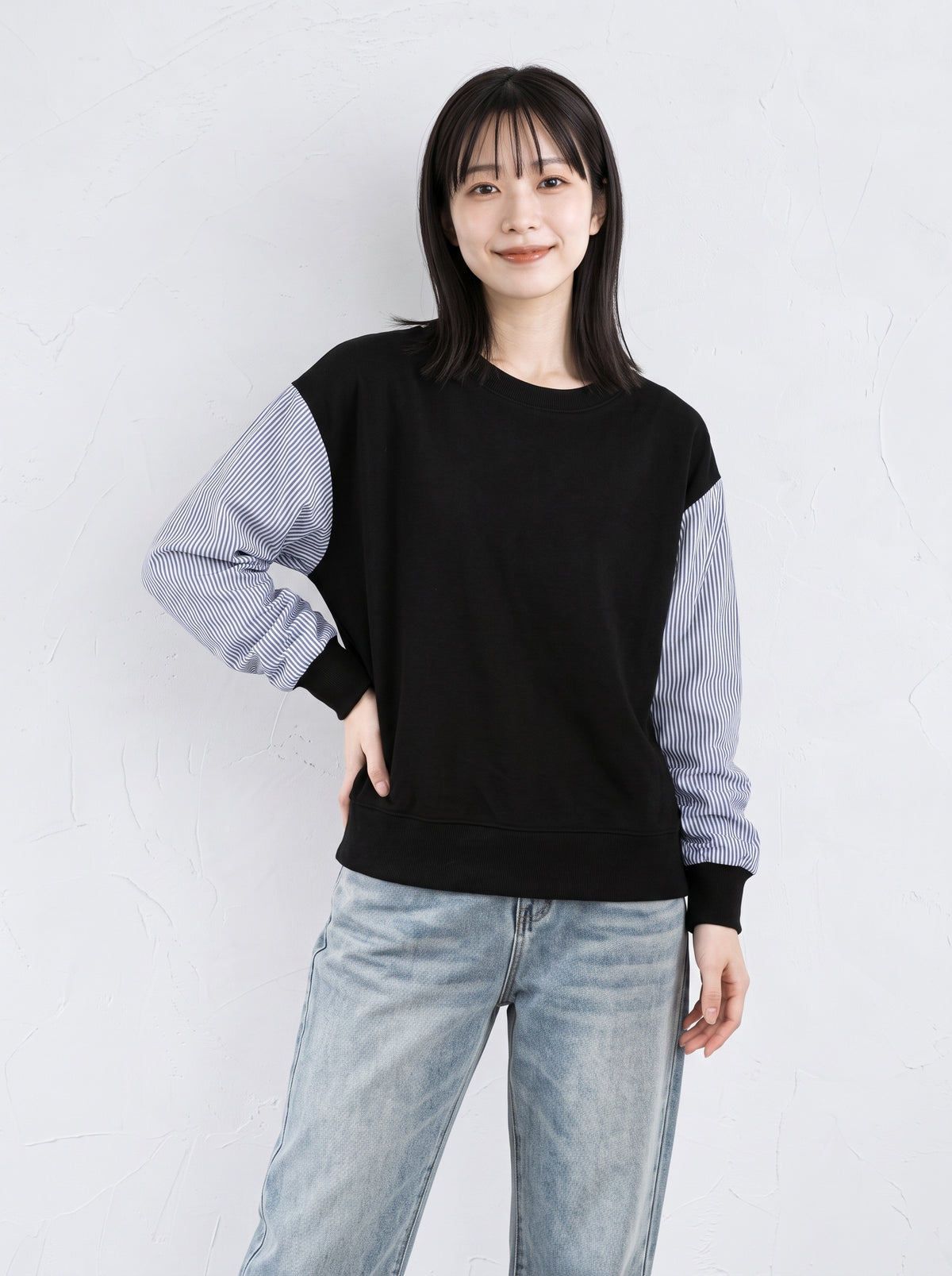 「秋季新品 」「兩色」拼接條紋圓領長袖T恤