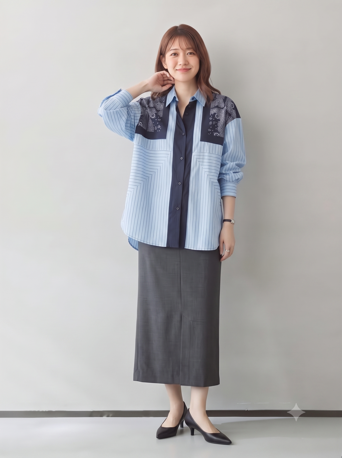 「秋季新品 」L~4XL 拼接條紋印花襯衫