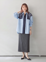 「秋季新品 」L~4XL 拼接條紋印花襯衫