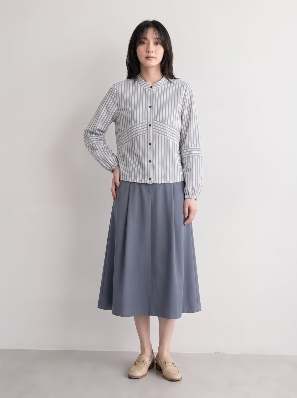 「秋季新品 」 M-XL 純棉甄選 | 條紋拼接燈籠袖襯衫