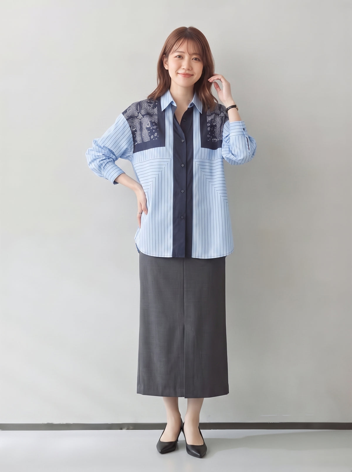 「秋季新品 」L~4XL 拼接條紋印花襯衫
