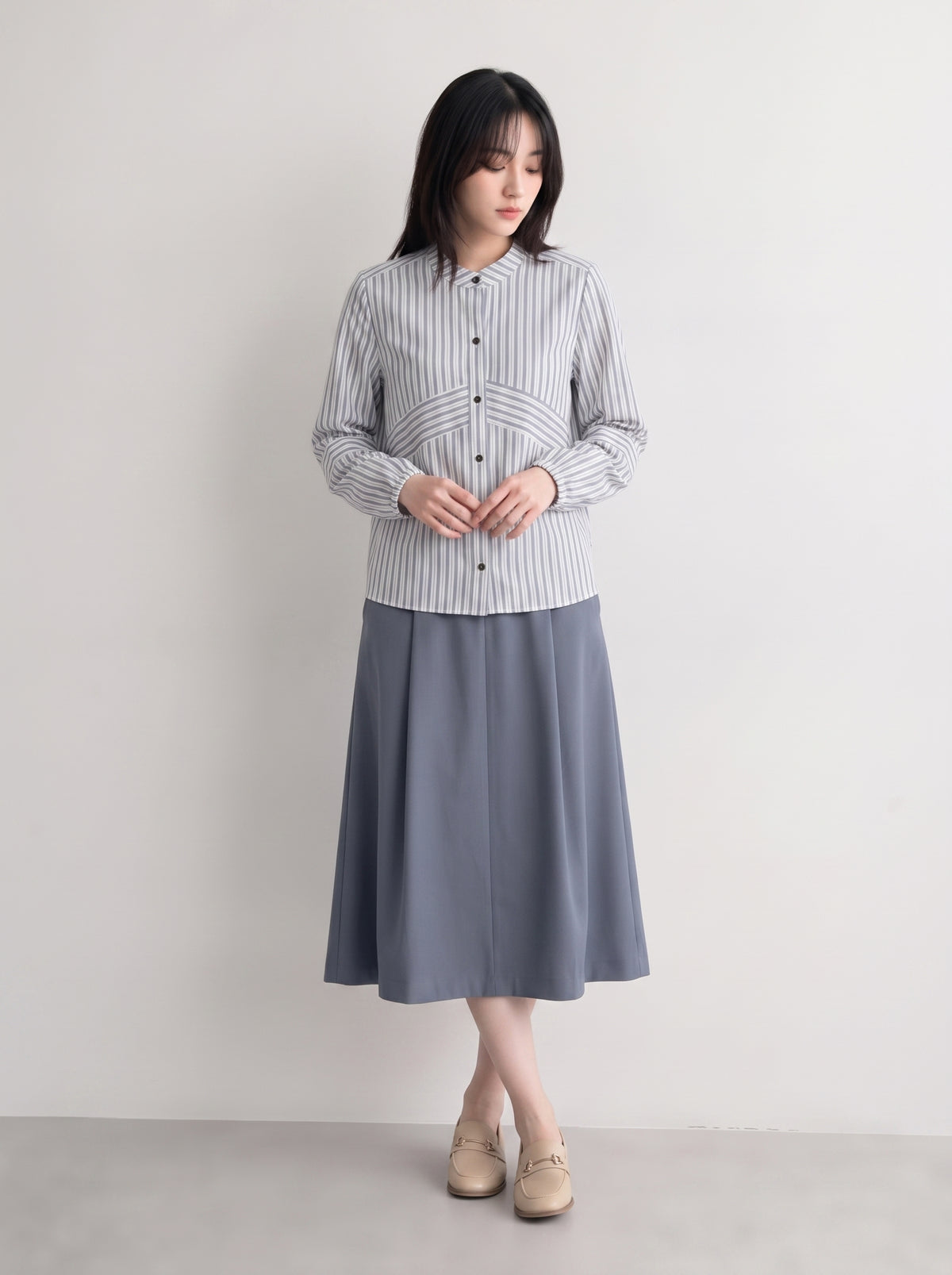 「秋季新品 」 M-XL 純棉甄選 | 條紋拼接燈籠袖襯衫
