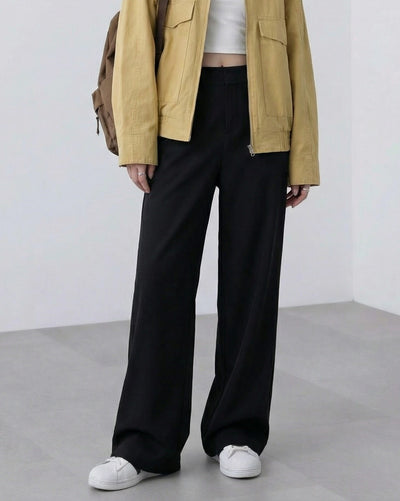高腰垂墜感寬褲西裝長褲-黑色 -3XL