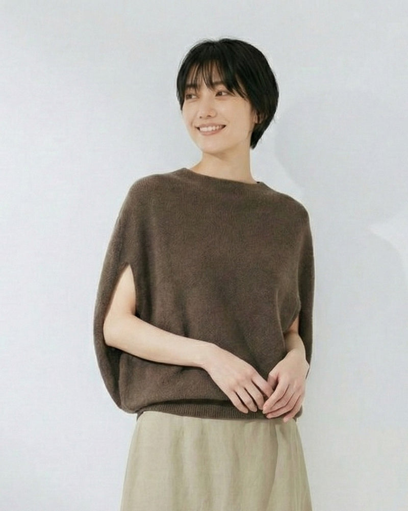斗篷廓形開衩無袖針織衫-棕色-M