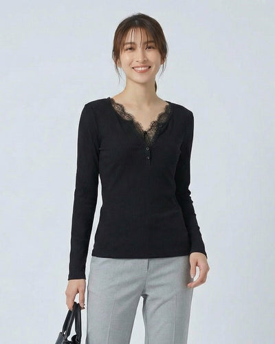 蕾絲拼接V領排釦修身長袖T恤-黑色-3XL