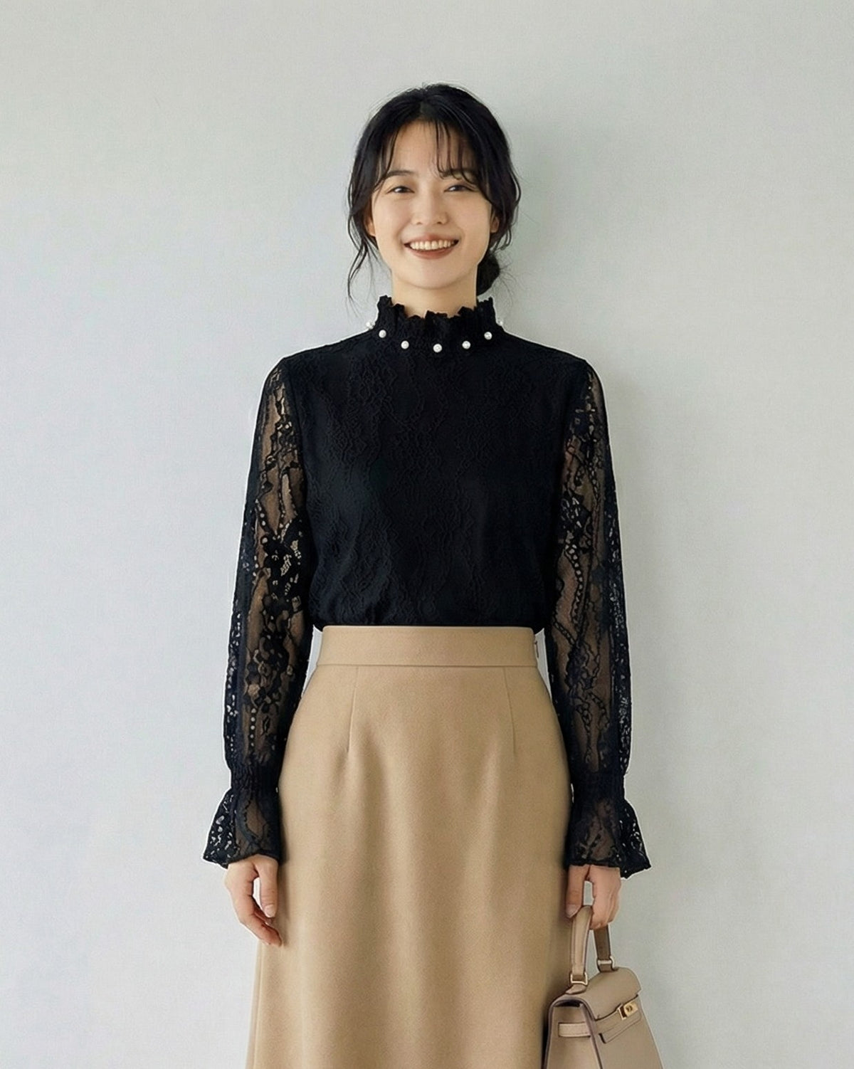 立領花邊喇叭袖蕾絲上衣-黑色-2XL