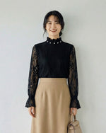 立領花邊喇叭袖蕾絲上衣-黑色-2XL