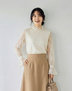 立領花邊喇叭袖蕾絲上衣-杏色-2XL