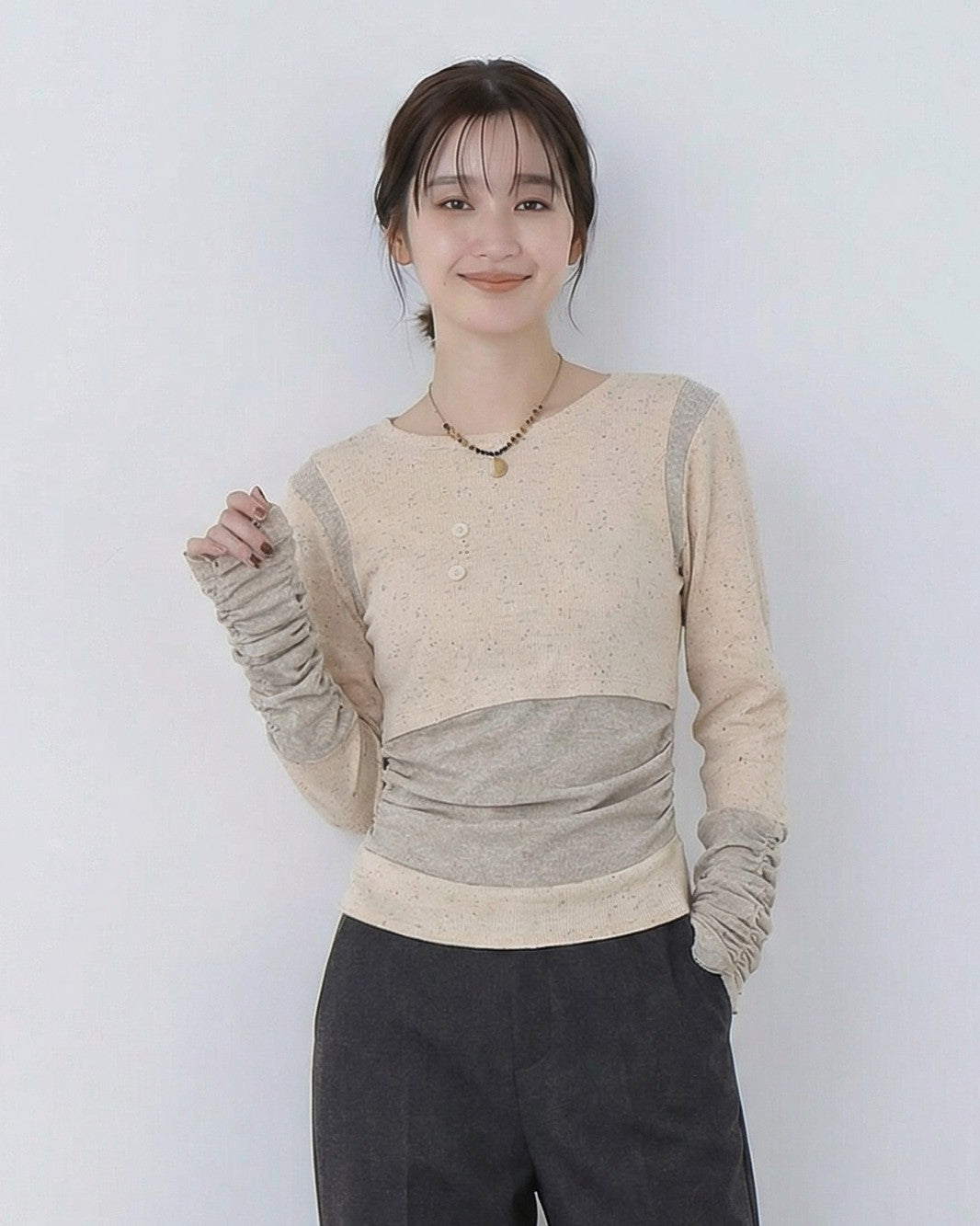 拼接假兩件修身長袖T恤-杏色-L