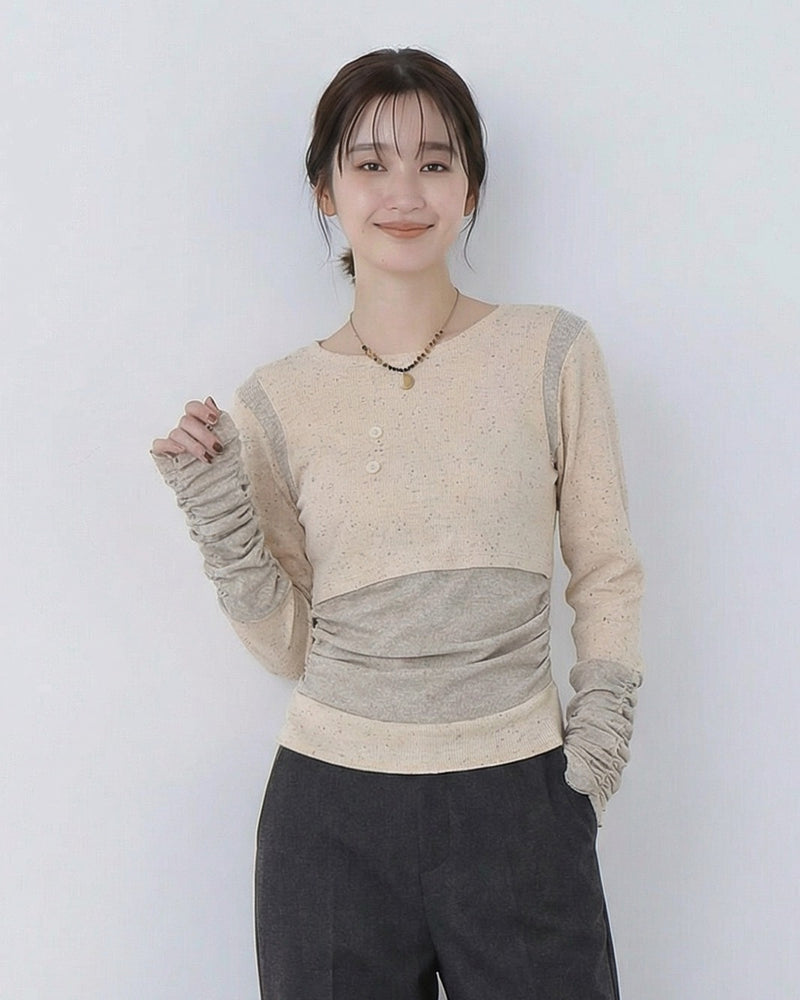 拼接假兩件修身長袖T恤-杏色-L