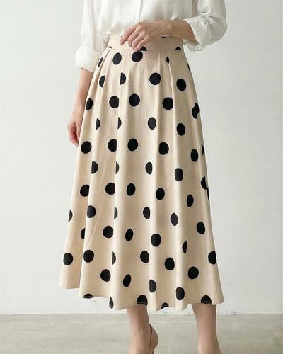 大波點壓褶高腰A字中長裙