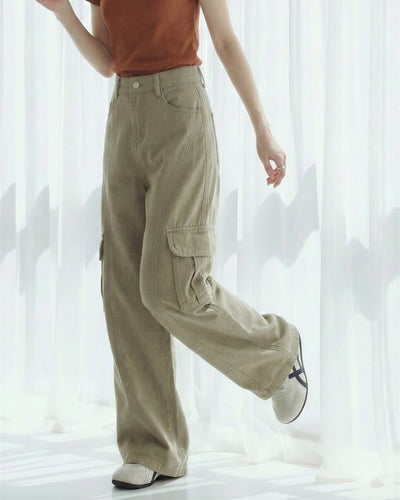 高腰拖地側工裝口袋闊腿牛仔褲