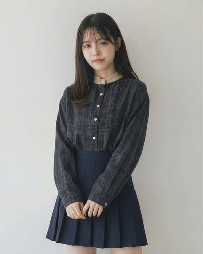 深藍色格紋立領寬鬆長袖襯衫