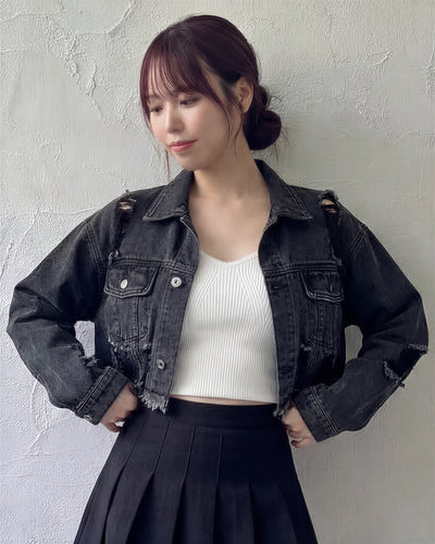 煙灰色做舊破洞毛邊短版牛仔外套