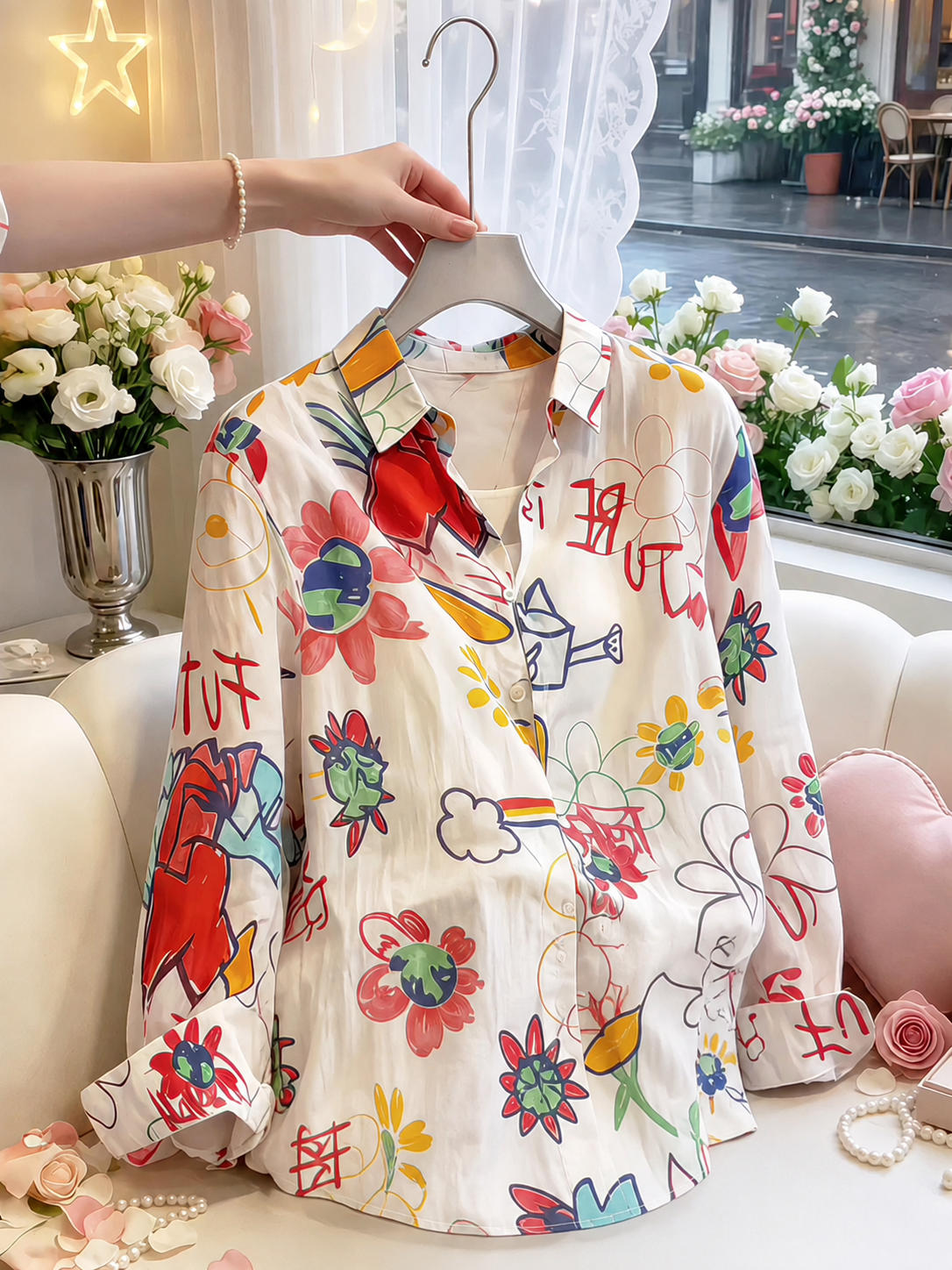 「秋季新品 」S-XL 米色塗鴉印花寬鬆襯衫