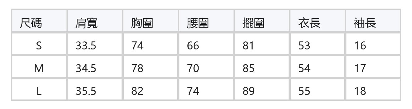 泡泡袖木耳邊 修身羅紋 圓領短袖T恤 size chart 1