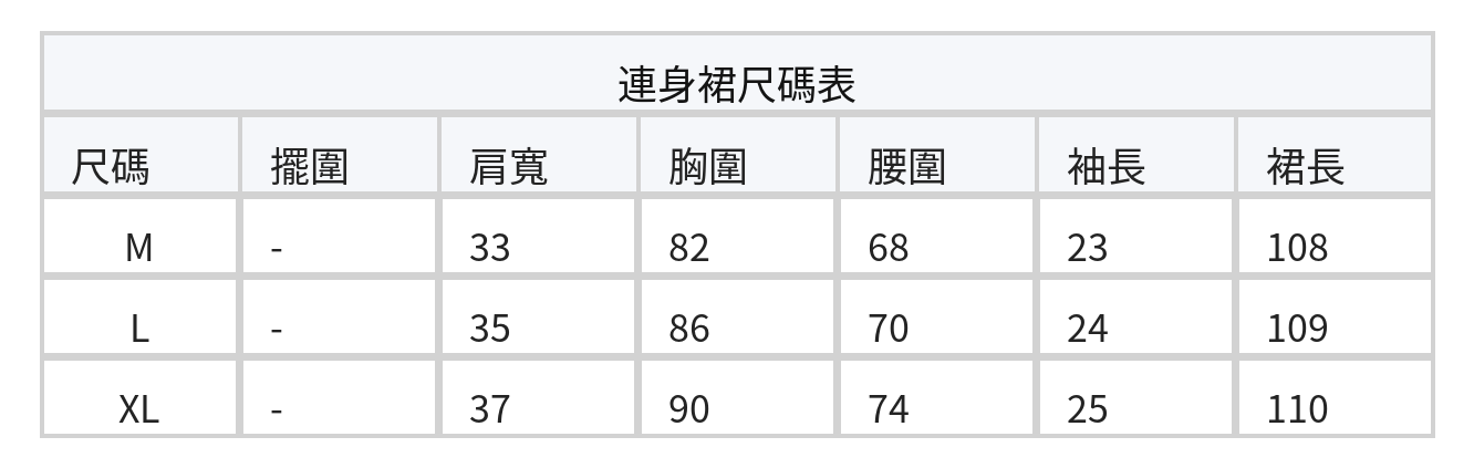 方領高腰蛋糕裙擺泡泡袖洋裝 size chart 1