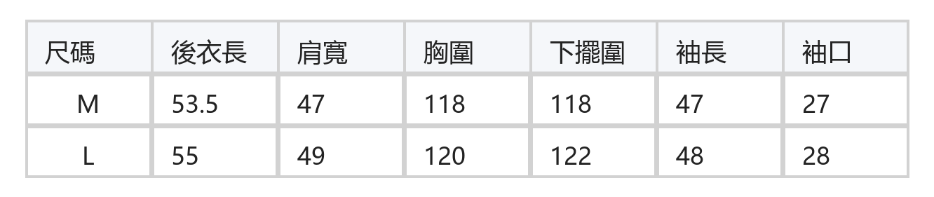 細條紋圓領單排扣開襟衫 size chart 1