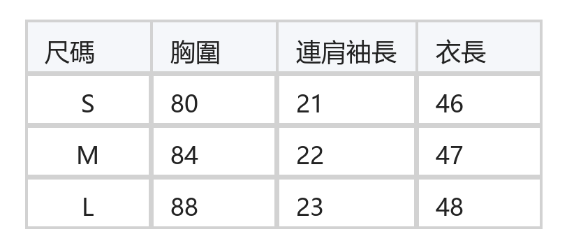 修身短版 落肩插袖 字母毛圈短袖T恤 size chart 1