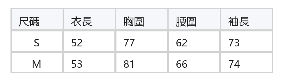 蕾絲領口方領修身長袖上衣 size chart 1